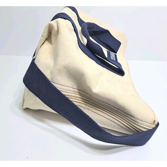 Lands End Expandable Canvas Tote Cream Blue Double Strap Boat Bag Made in USA - Picture 4 of 10